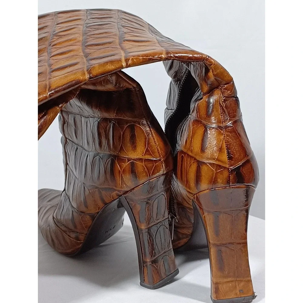 Via Spiga Boots Womens Size 8.5M Brown Croc Embossed Leather Block Heel Italy - Picture 4 of 9